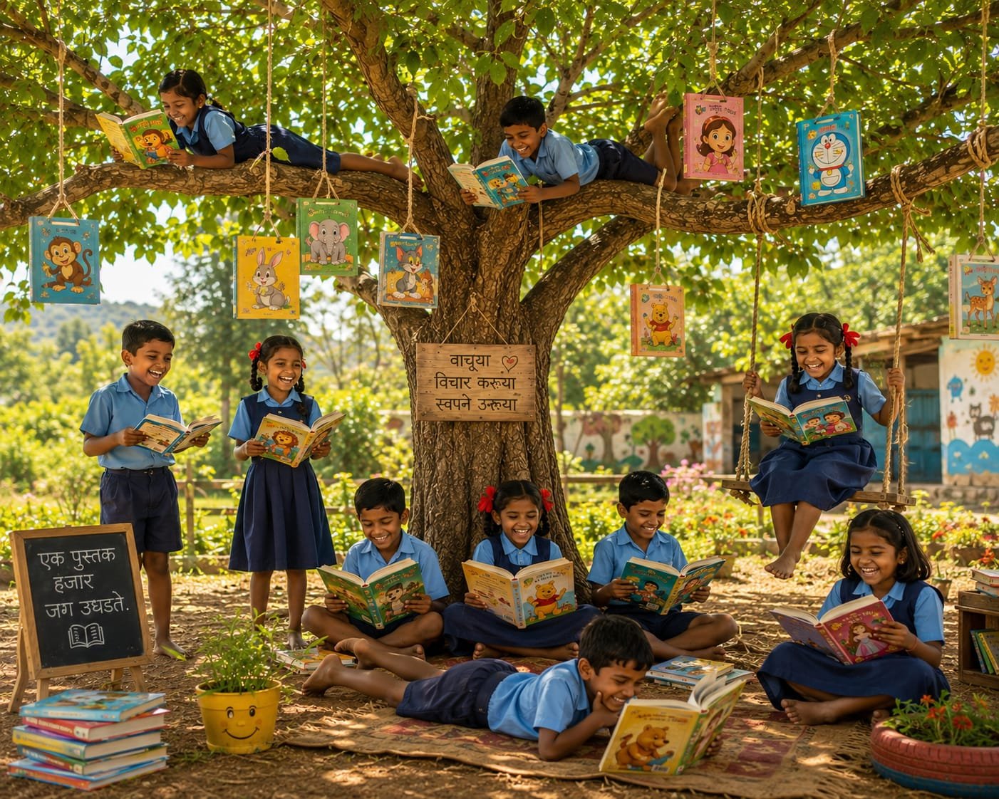 Children reading together under the ज्ञानवृक्ष (knowledge tree) as part of the BookBerry reading program